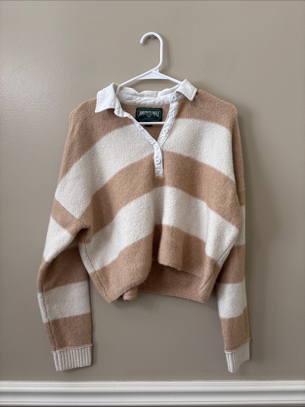 American Eagle Striped Polo Collared Cropped Sweater
